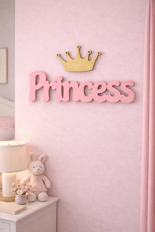 Princess Nursery Decor Wooden Name Sign + Crown Baby Girl Room Decoration Minimalist Kids Wall Art