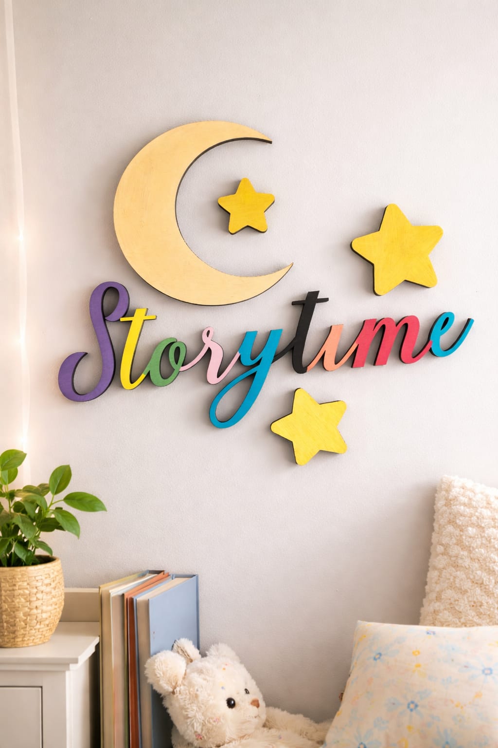 Nursery Storytime Wooden Wall Sign – Hand-Painted Laser Cut Decor