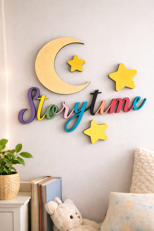 Nursery Storytime Wooden Wall Sign – Hand-Painted Laser Cut Decor