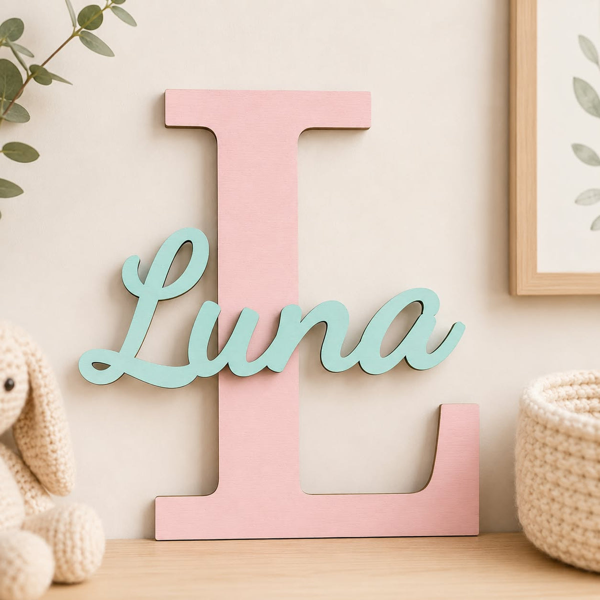Personalised Wooden Nursery Name Sign – Custom Initial & Name (Hand-Painted)