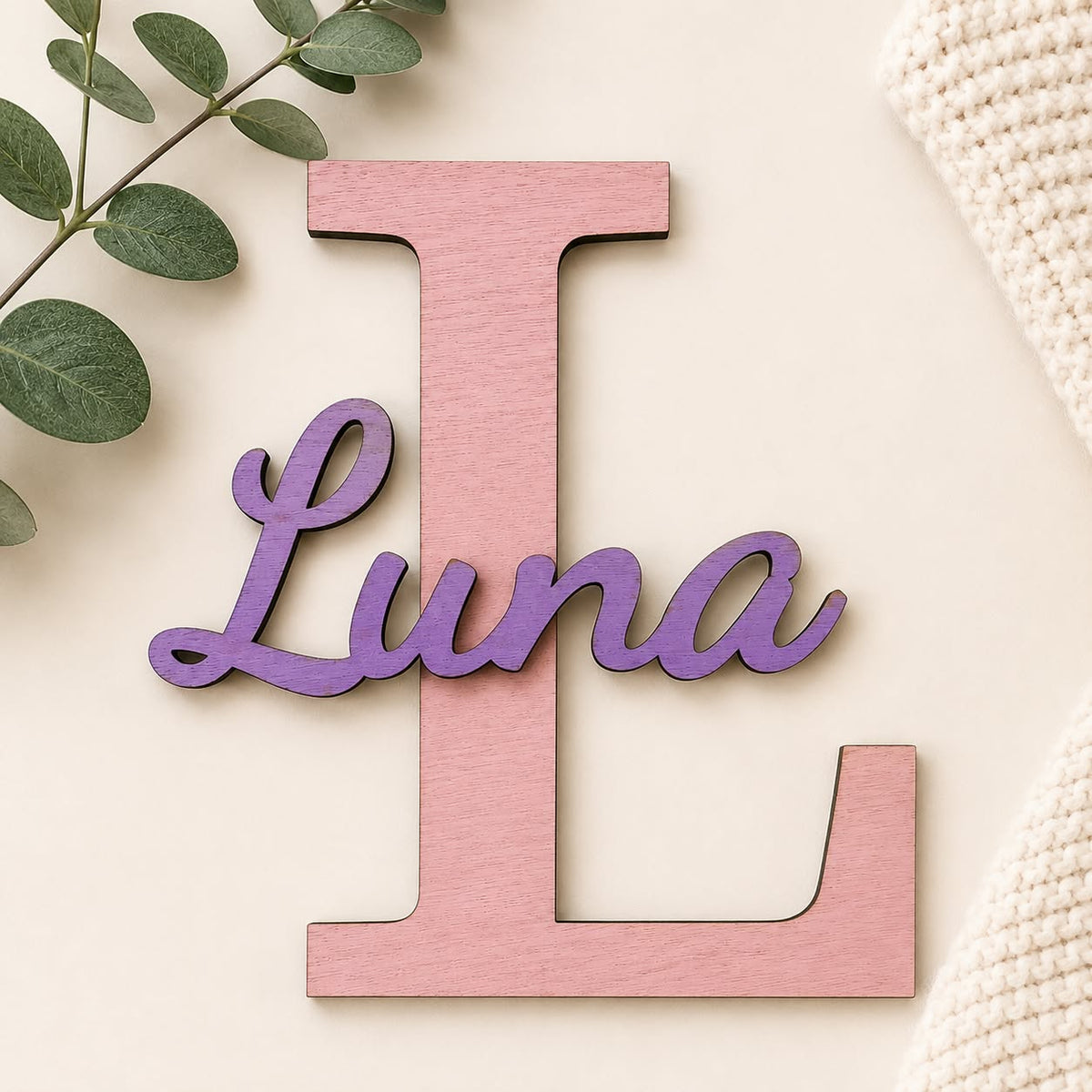 Personalised Wooden Nursery Name Sign – Custom Initial & Name (Hand-Painted)