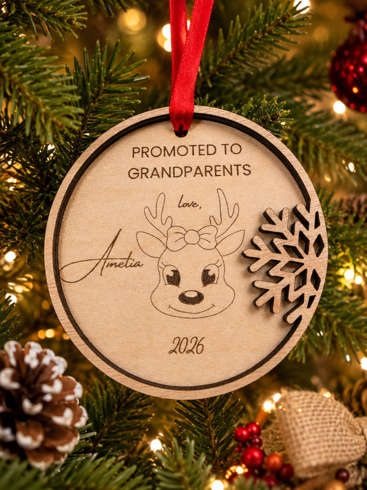 Personalised Grandparents Christmas Ornament 2026 | Wooden Reindeer Keepsake (10cm)