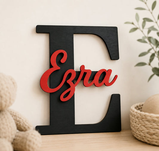 Personalised Wooden Nursery Name Sign – Custom Initial & Name (Hand-Painted)