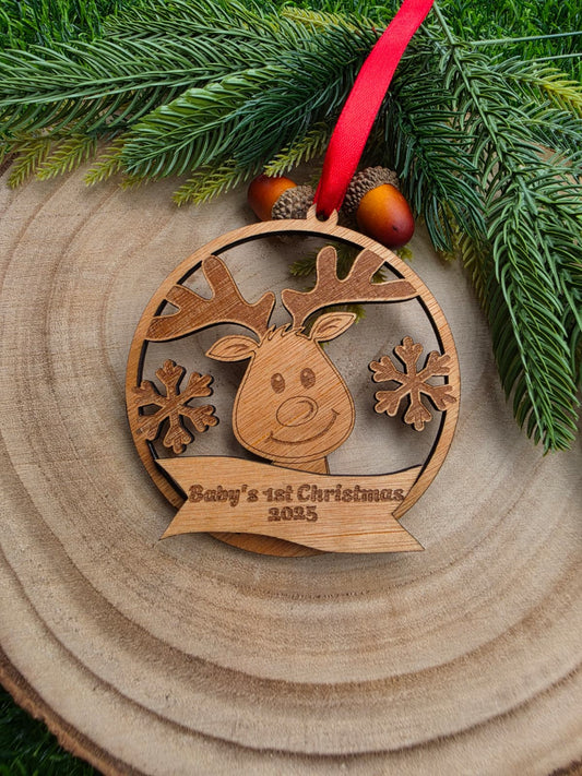 Personalised Wooden Reindeer Ornament, Engraved Name, Snowflake Christmas Decoration