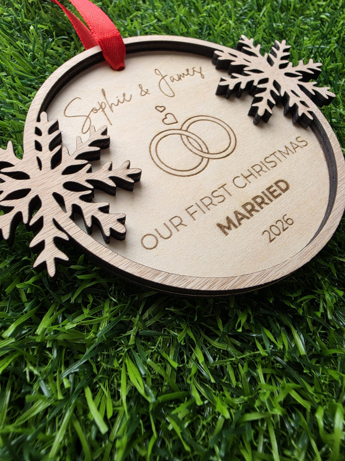 Personalized Wooden Wedding Ornament | First Christmas Married 2026 Keepsake