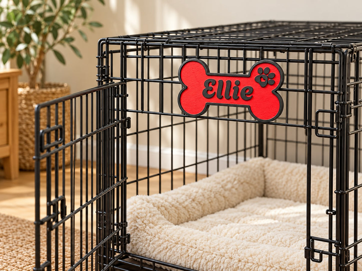 Personalized Dog Crate Name Sign – Custom Wooden Dog Bone Plaque for Crate & Kennel