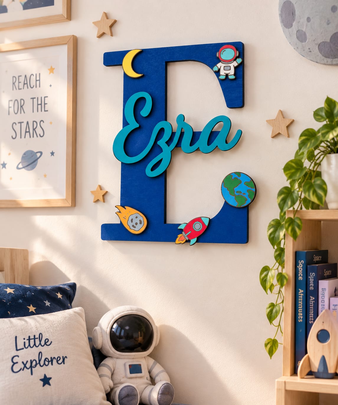 Personalised Space Nursery Name Sign, Wooden Initial, Hand-Painted Charms