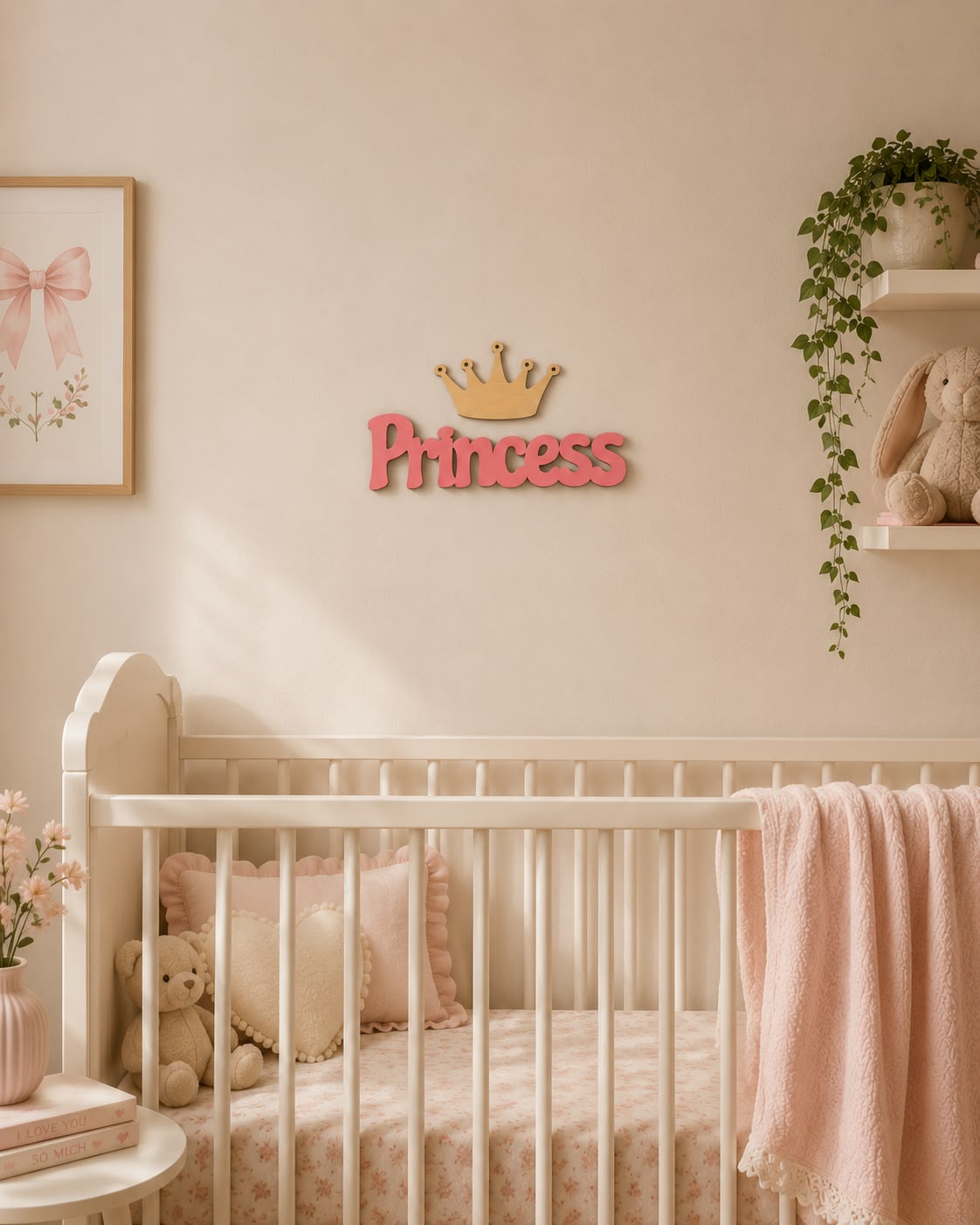 Princess Nursery Decor Wooden Name Sign + Crown Baby Girl Room Decoration Minimalist Kids Wall Art