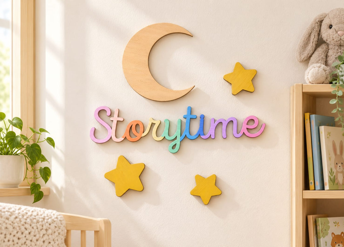 Nursery Storytime Wooden Wall Sign – Hand-Painted Laser Cut Decor