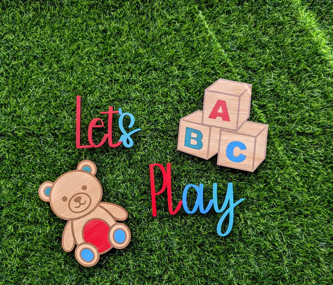 Let's Play Wooden Wall Art Set | Colourful Kids Playroom Decor