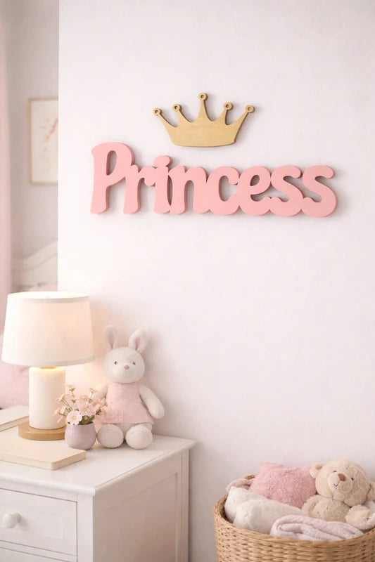Princess Nursery Decor Wooden Name Sign + Crown Baby Girl Room Decoration Minimalist Kids Wall Art