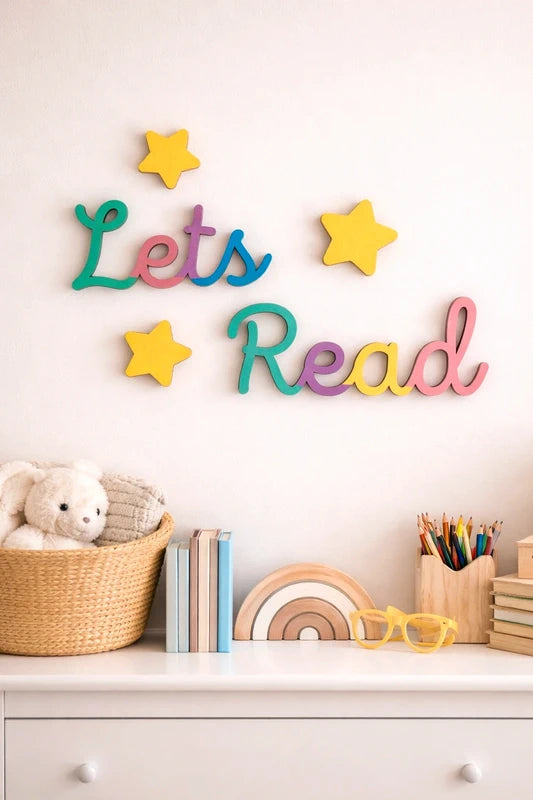 Let’s Read Nursery Sign | Wooden Wall Decor | Reading Corner | Rainbow Kids Decor