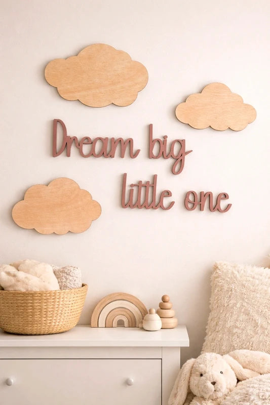 Aesthetic Wooden Nursery Sign | Neutral Wall Decor with Clouds | Baby Room Beige Kids Decor