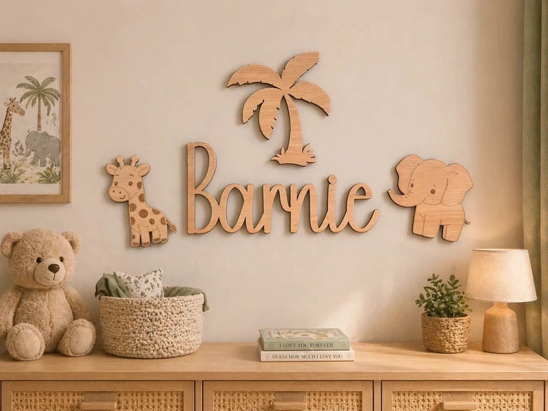 Safari Nursery Name Sign - 25 cm Custom Name Aesthetic Wood Kids Decor
