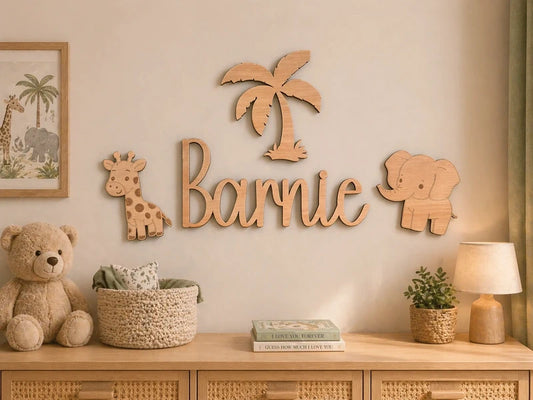 Safari Nursery Name Sign - 25 cm Custom Name Aesthetic Wood Kids Decor