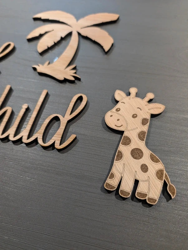 Safari Nursery Name Sign - 25 cm Custom Name Aesthetic Wood Kids Decor