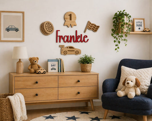 Wooden Race Car themed Nursery Wall Art | Custom Name Sign | Nursery name wall