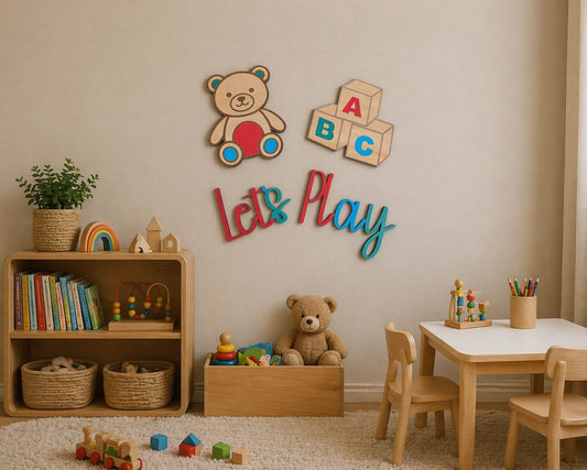 Let's Play Wooden Wall Art Set | Colourful Kids Playroom Decor
