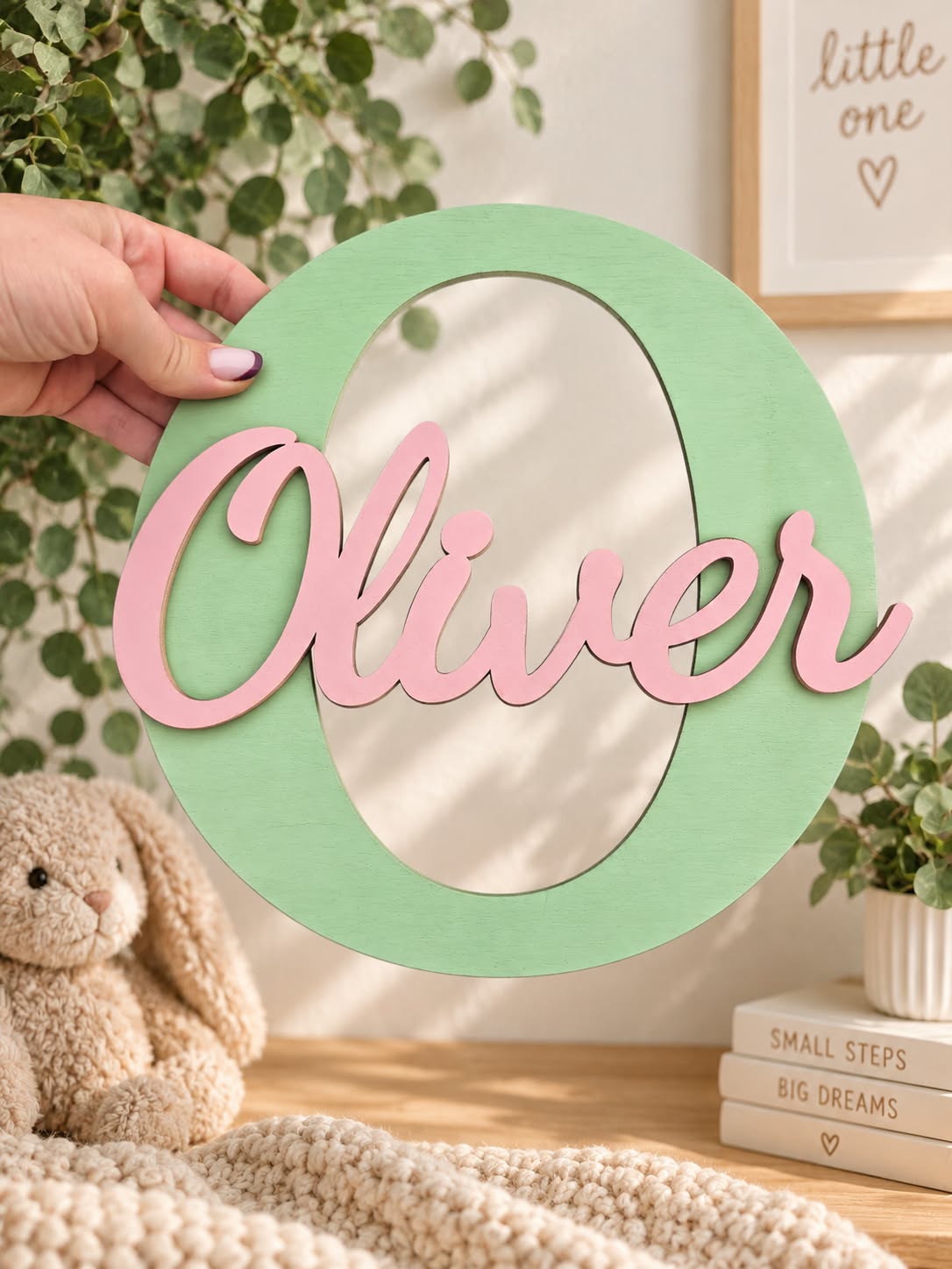 Personalised Wooden Nursery Name Sign – Custom Initial & Name (Hand-Painted)