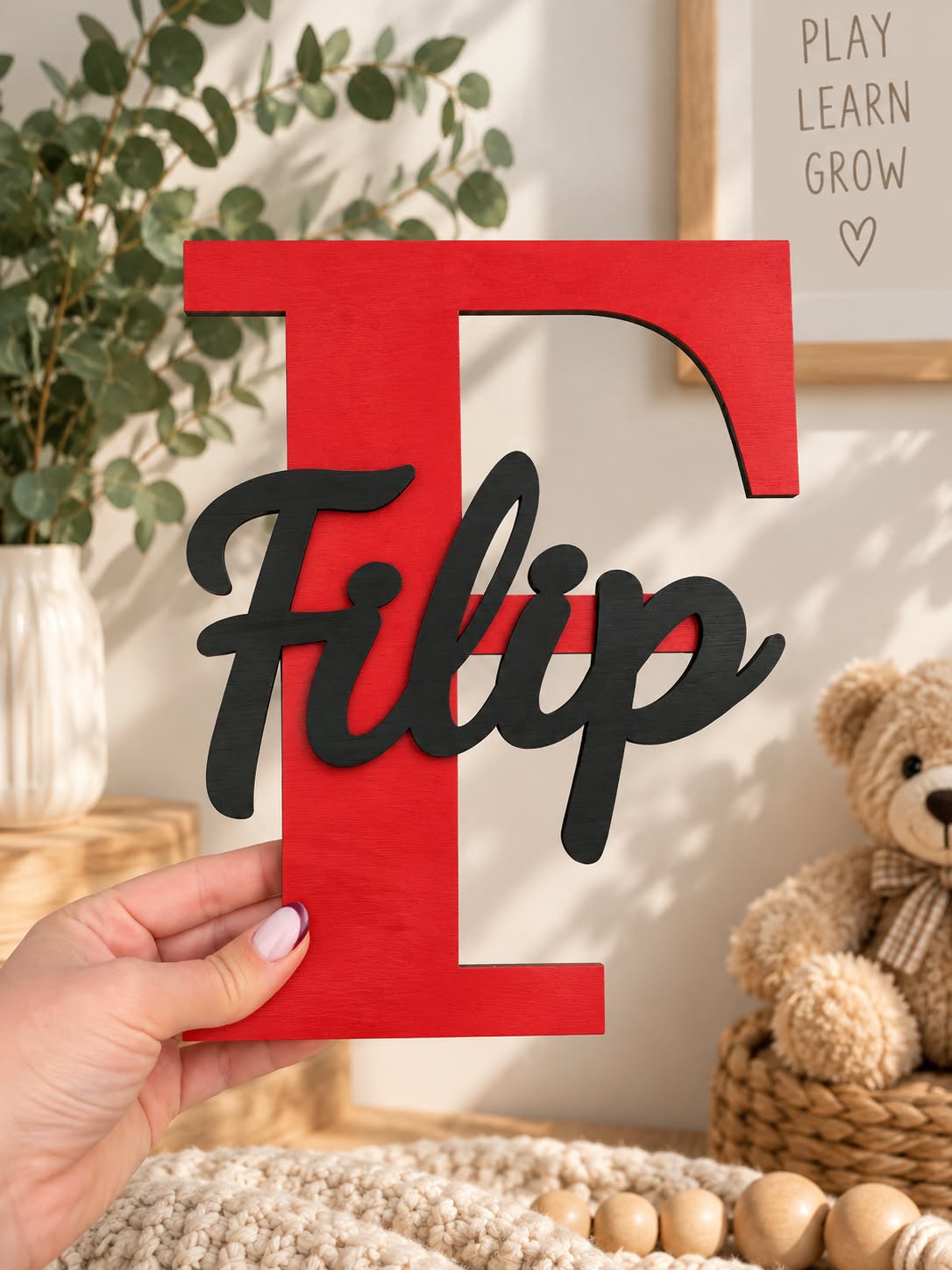 Personalised Wooden Nursery Name Sign – Custom Initial & Name (Hand-Painted)