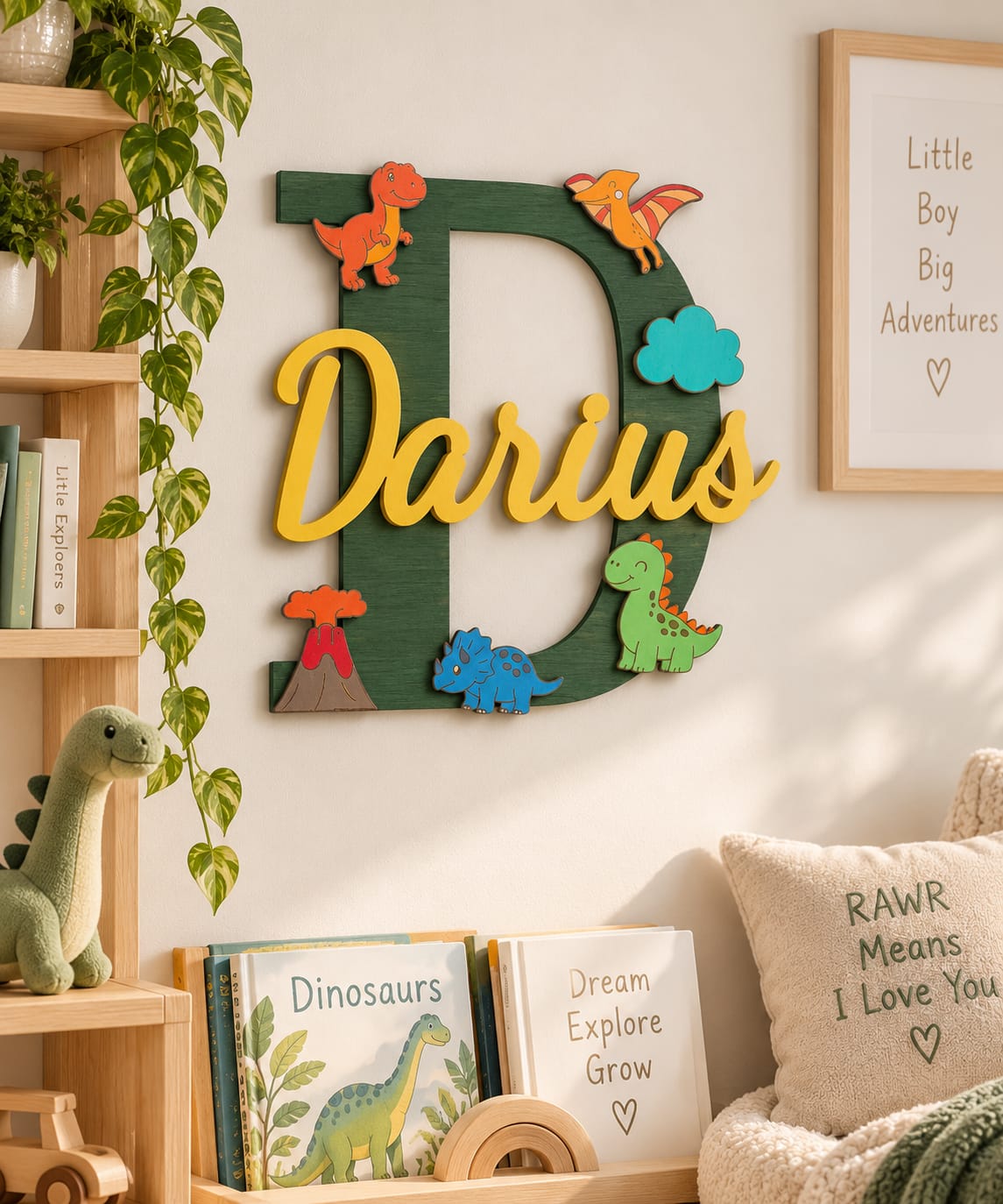 Personalised Dinosaur Nursery Name Sign, Custom Initial, Kids Bedroom Decor