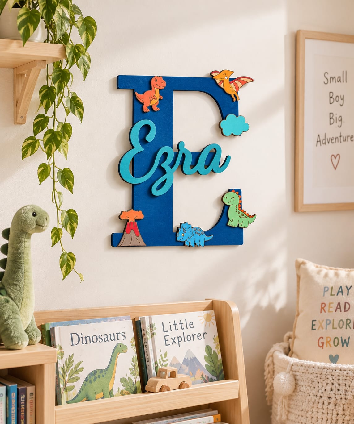 Personalised Dinosaur Nursery Name Sign, Custom Initial, Kids Bedroom Decor