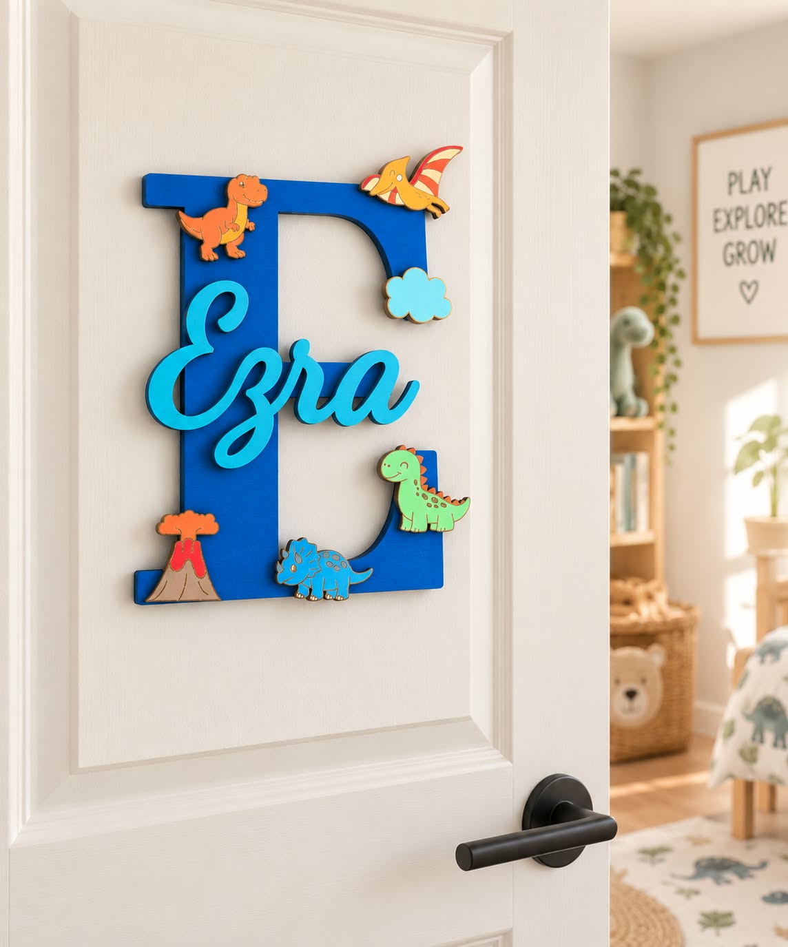 Personalised Dinosaur Nursery Name Sign, Custom Initial, Kids Bedroom Decor