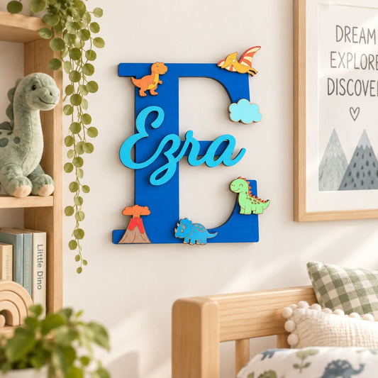 Personalised Dinosaur Nursery Name Sign, Custom Initial, Kids Bedroom Decor