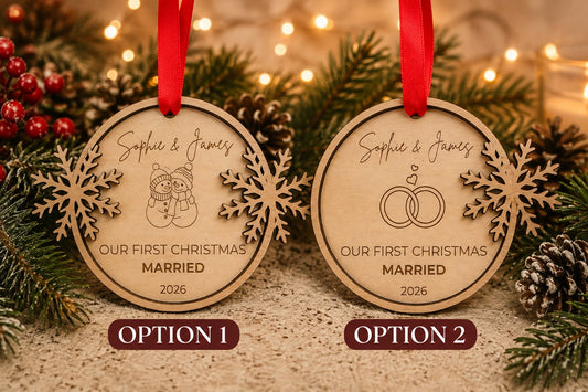 Personalized Wooden Wedding Ornament | First Christmas Married 2026 Keepsake
