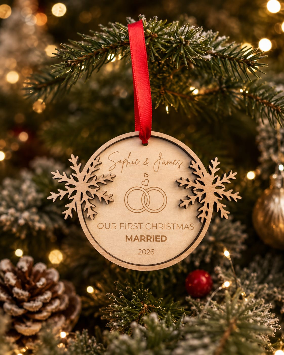 Personalized Wooden Wedding Ornament | First Christmas Married 2026 Keepsake