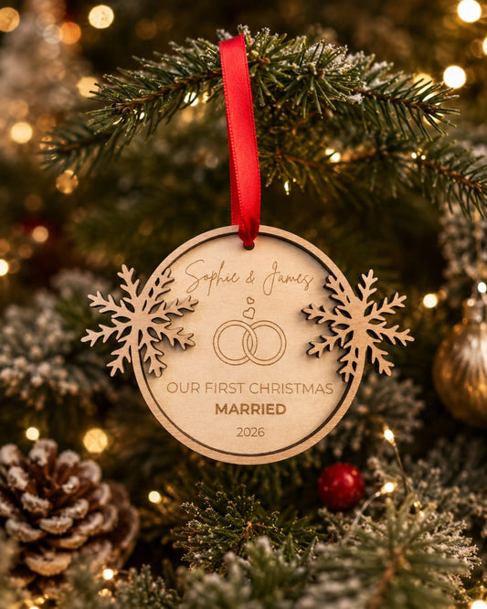 Personalized Wooden Wedding Ornament | First Christmas Married 2026 Keepsake