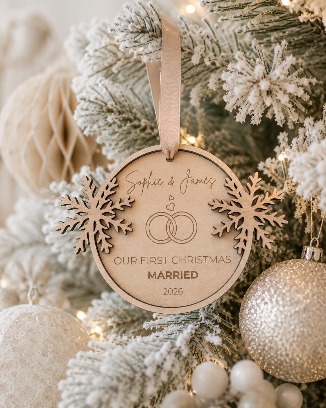 Personalized Wooden Wedding Ornament | First Christmas Married 2026 Keepsake