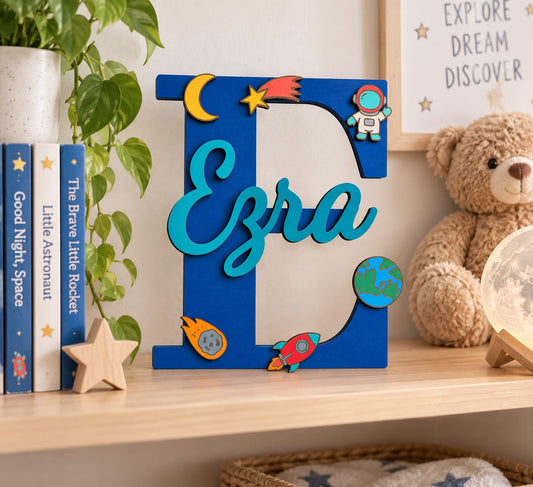 Personalised Space Nursery Name Sign, Wooden Initial, Hand-Painted Charms