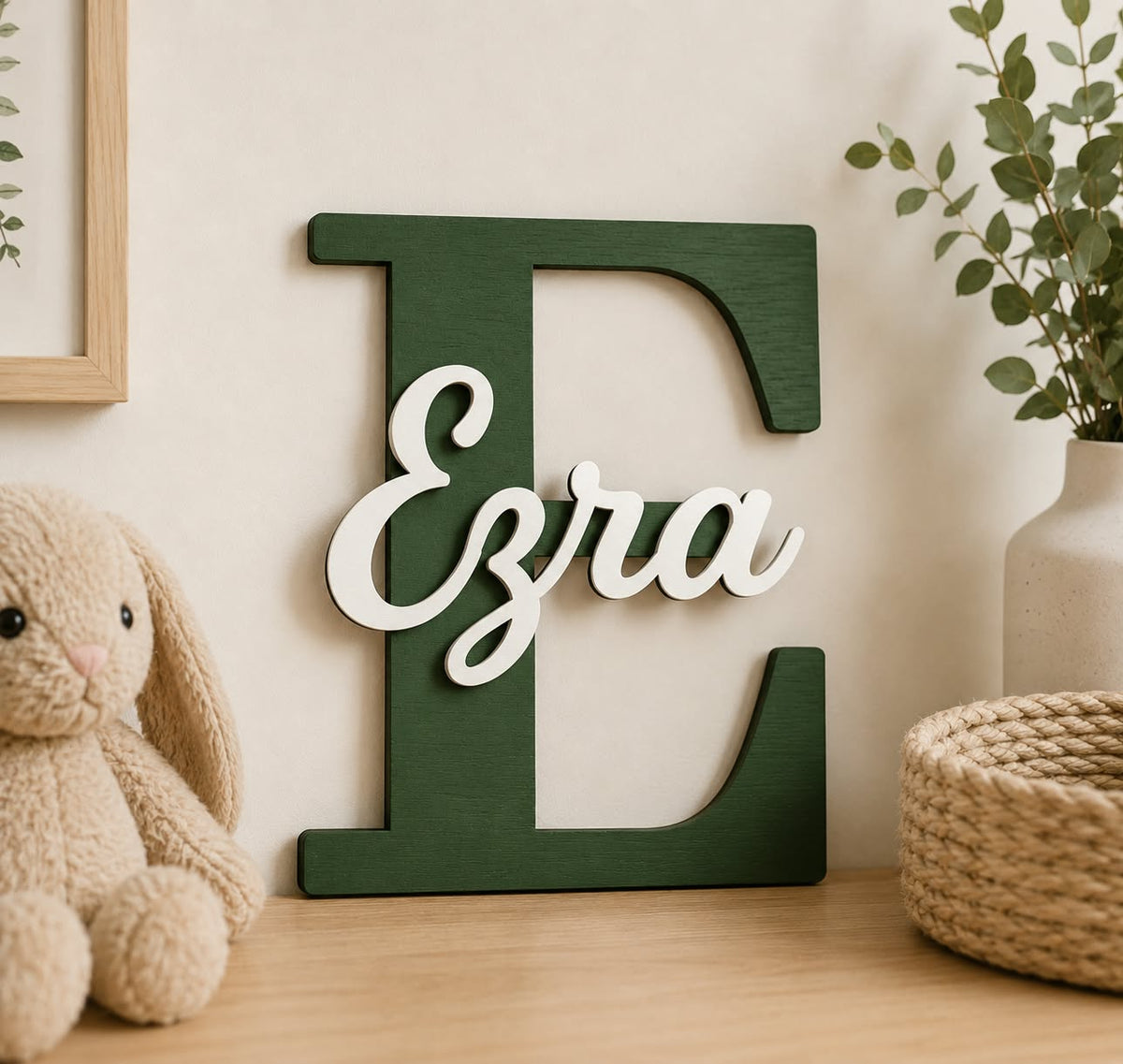 Personalised Wooden Nursery Name Sign – Custom Initial & Name (Hand-Painted)