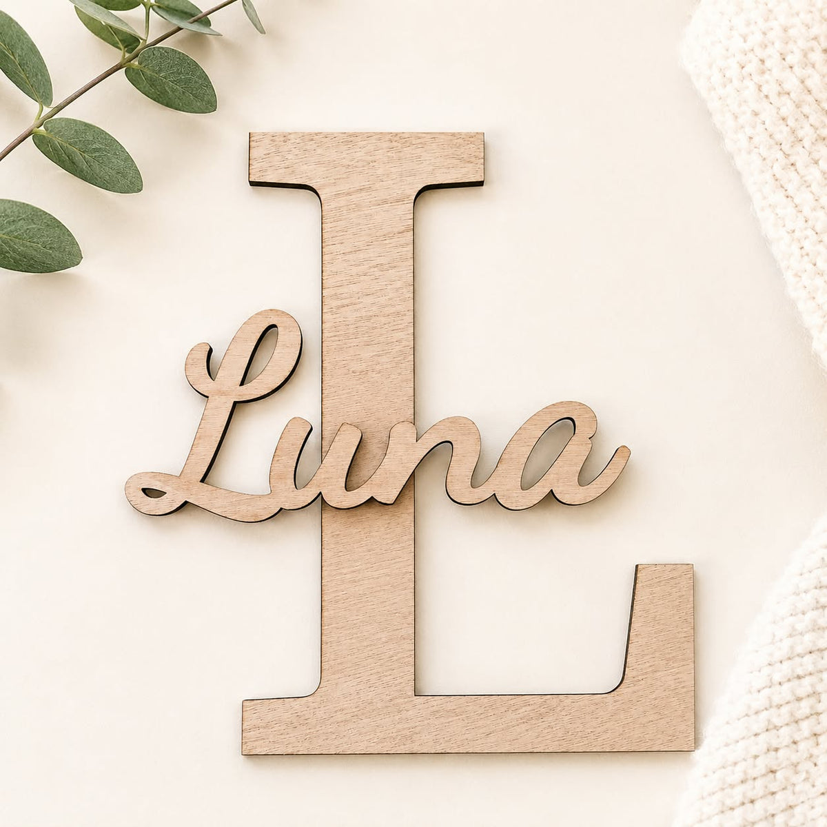 Personalised Wooden Nursery Name Sign – Custom Initial & Name (Hand-Painted)