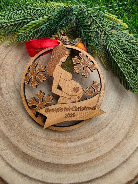 Baby's First Christmas 2026 Wooden Ornament, Pregnant Mum Keepsake, Engraved Snowflakes (2026)