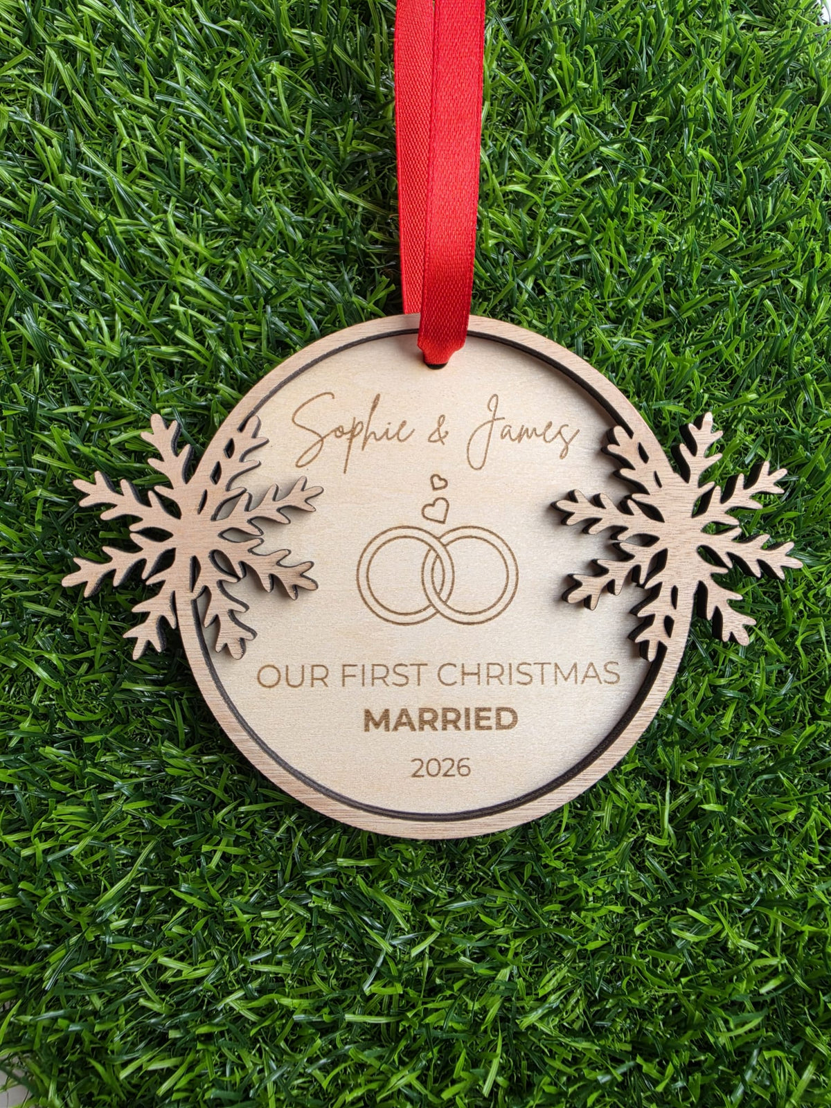 Personalized Wooden Wedding Ornament | First Christmas Married 2026 Keepsake