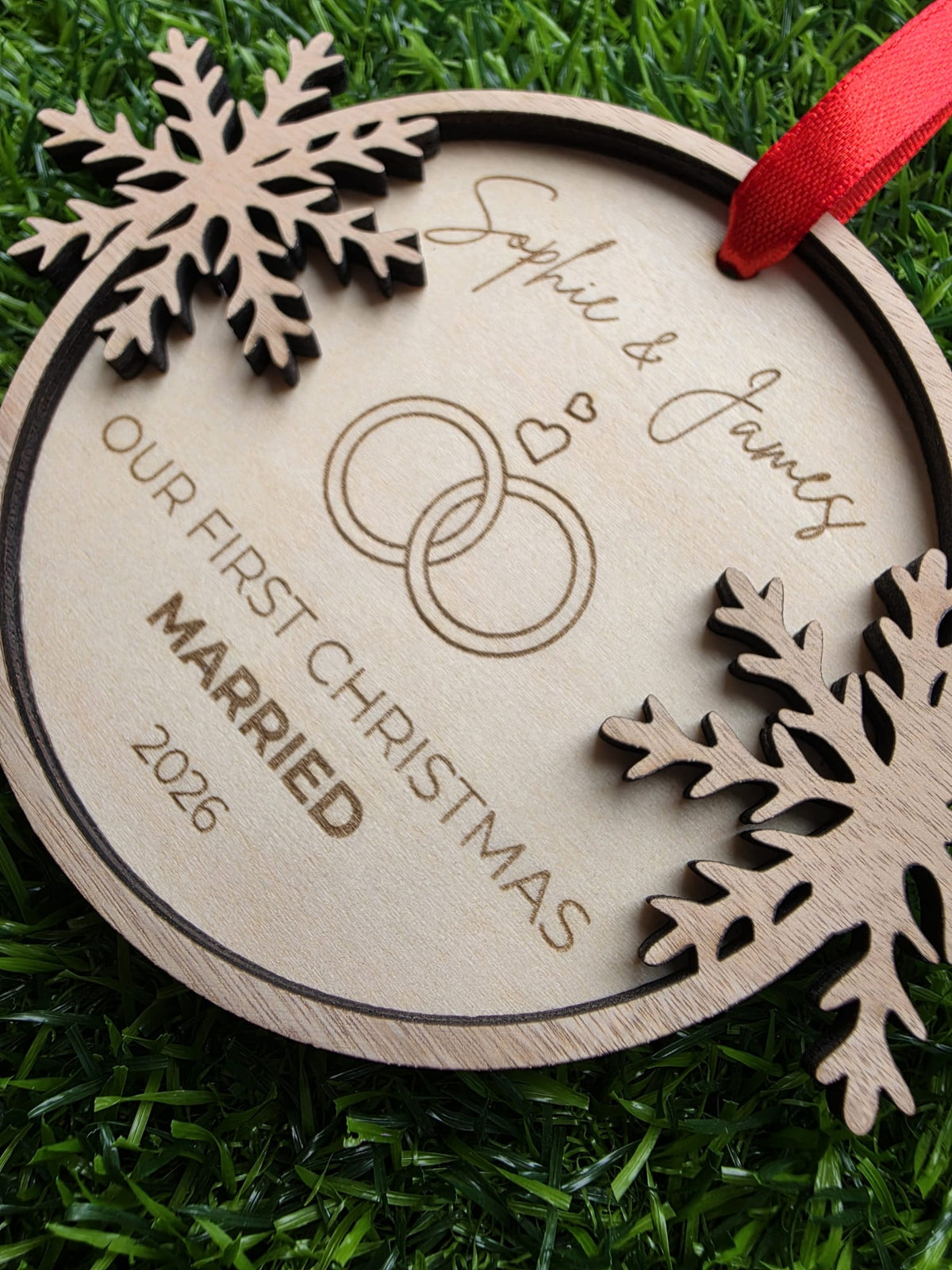 Personalized Wooden Wedding Ornament | First Christmas Married 2026 Keepsake