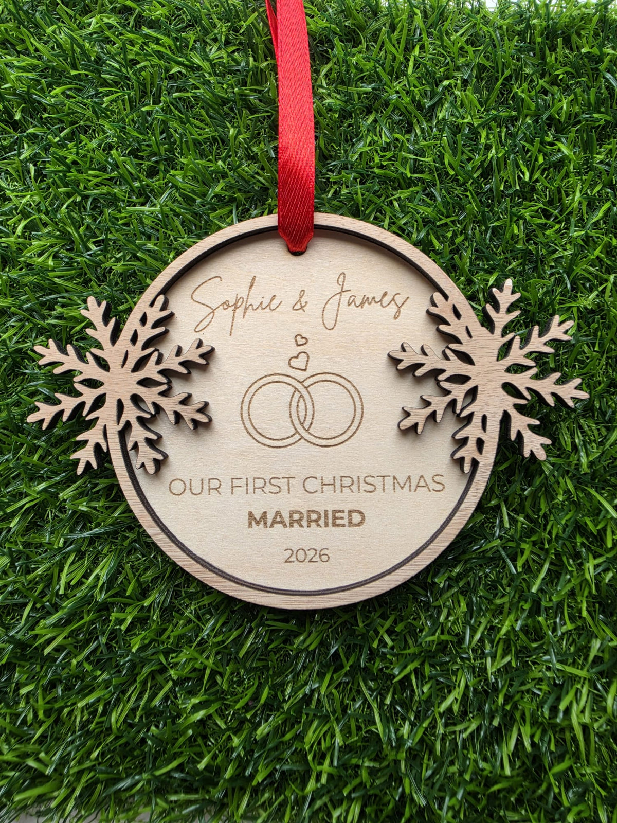 Personalized Wooden Wedding Ornament | First Christmas Married 2026 Keepsake