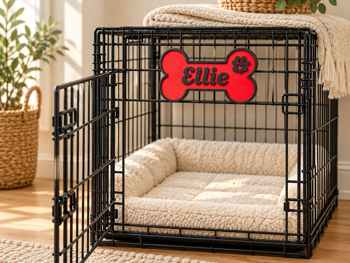 Personalized Dog Crate Name Sign – Custom Wooden Dog Bone Plaque for Crate & Kennel