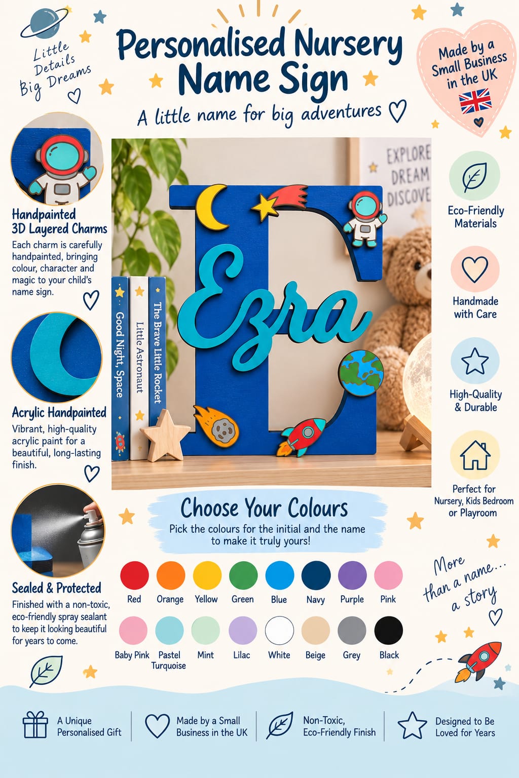 Personalised Space Nursery Name Sign, Wooden Initial, Hand-Painted Charms