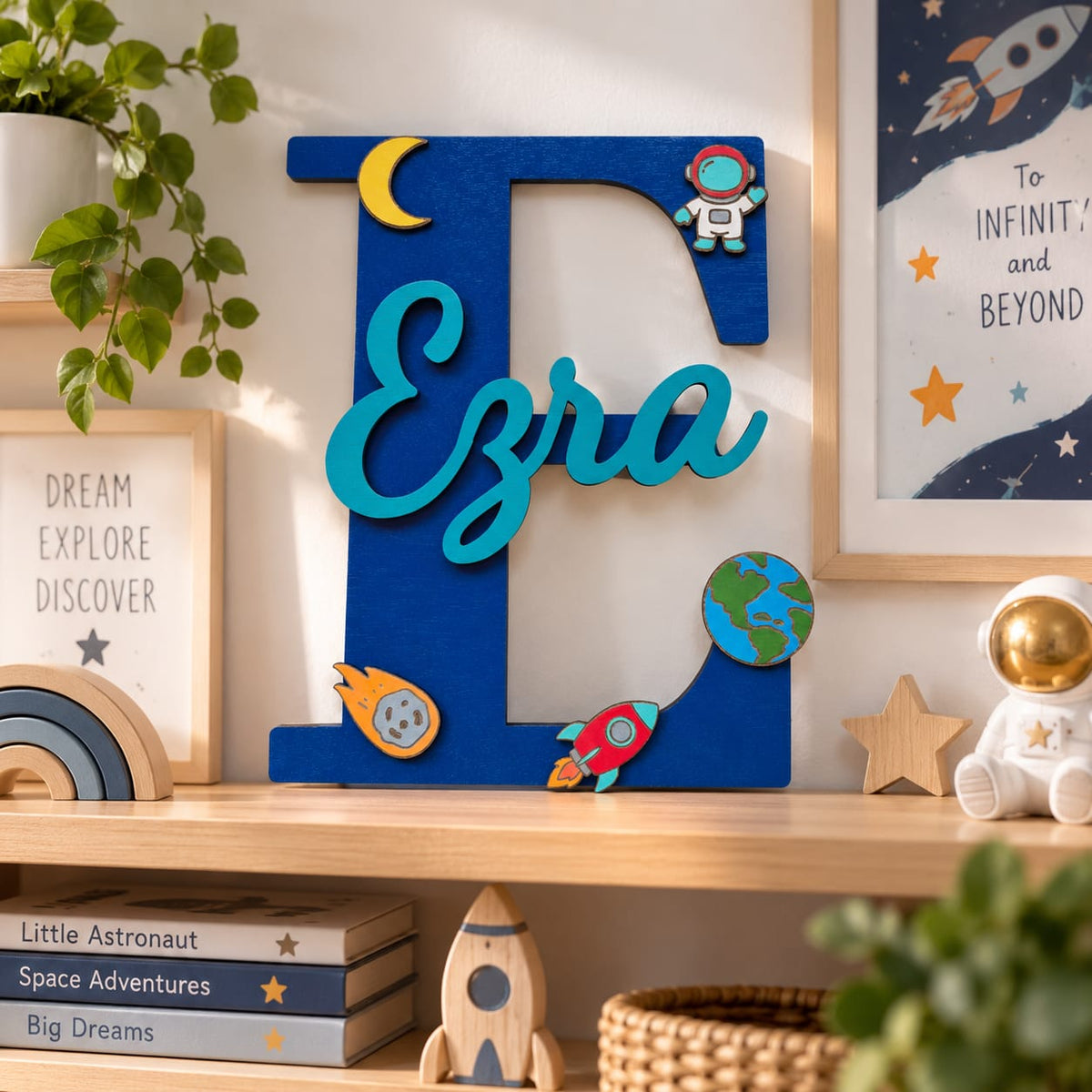 Personalised Space Nursery Name Sign, Wooden Initial, Hand-Painted Charms