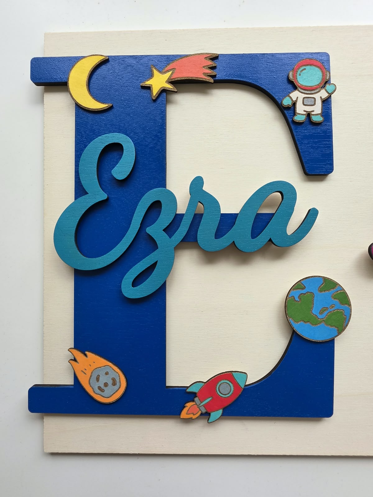 Personalised Space Nursery Name Sign, Wooden Initial, Hand-Painted Charms