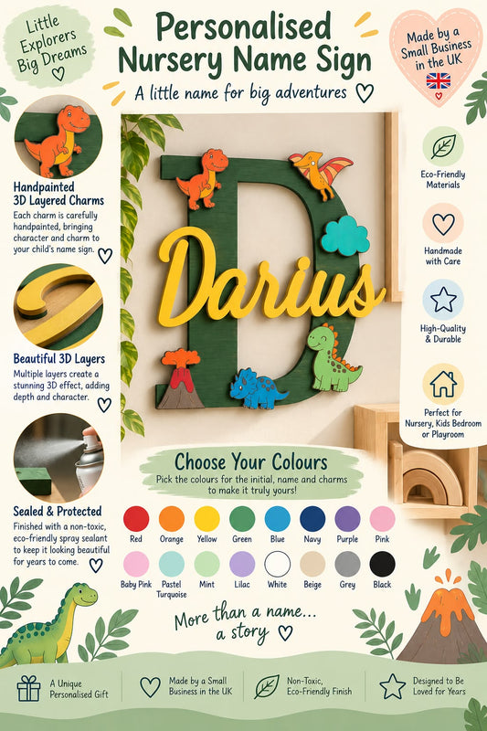 Personalised Dinosaur Nursery Name Sign, Custom Initial, Kids Bedroom Decor