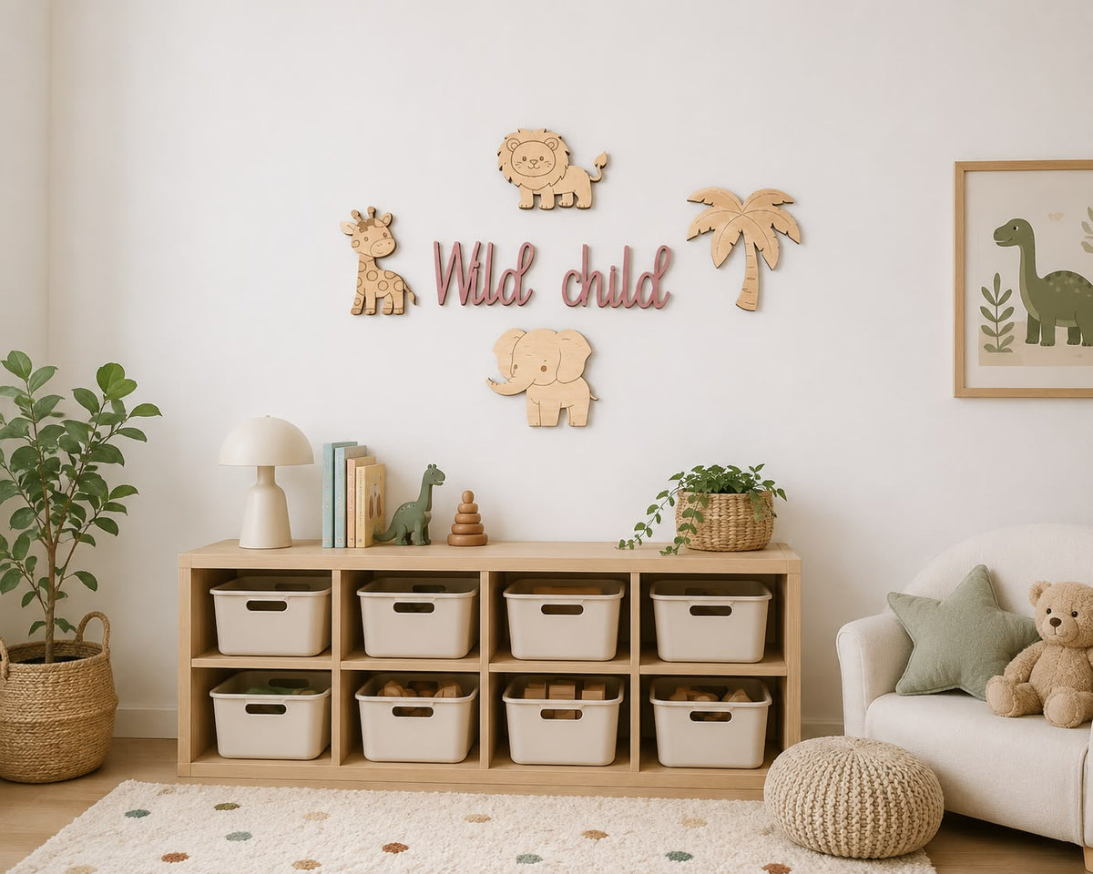 Safari Wooden Nursery Name Sign with Wooden Animals Decor | Jungle wooden nursery sign