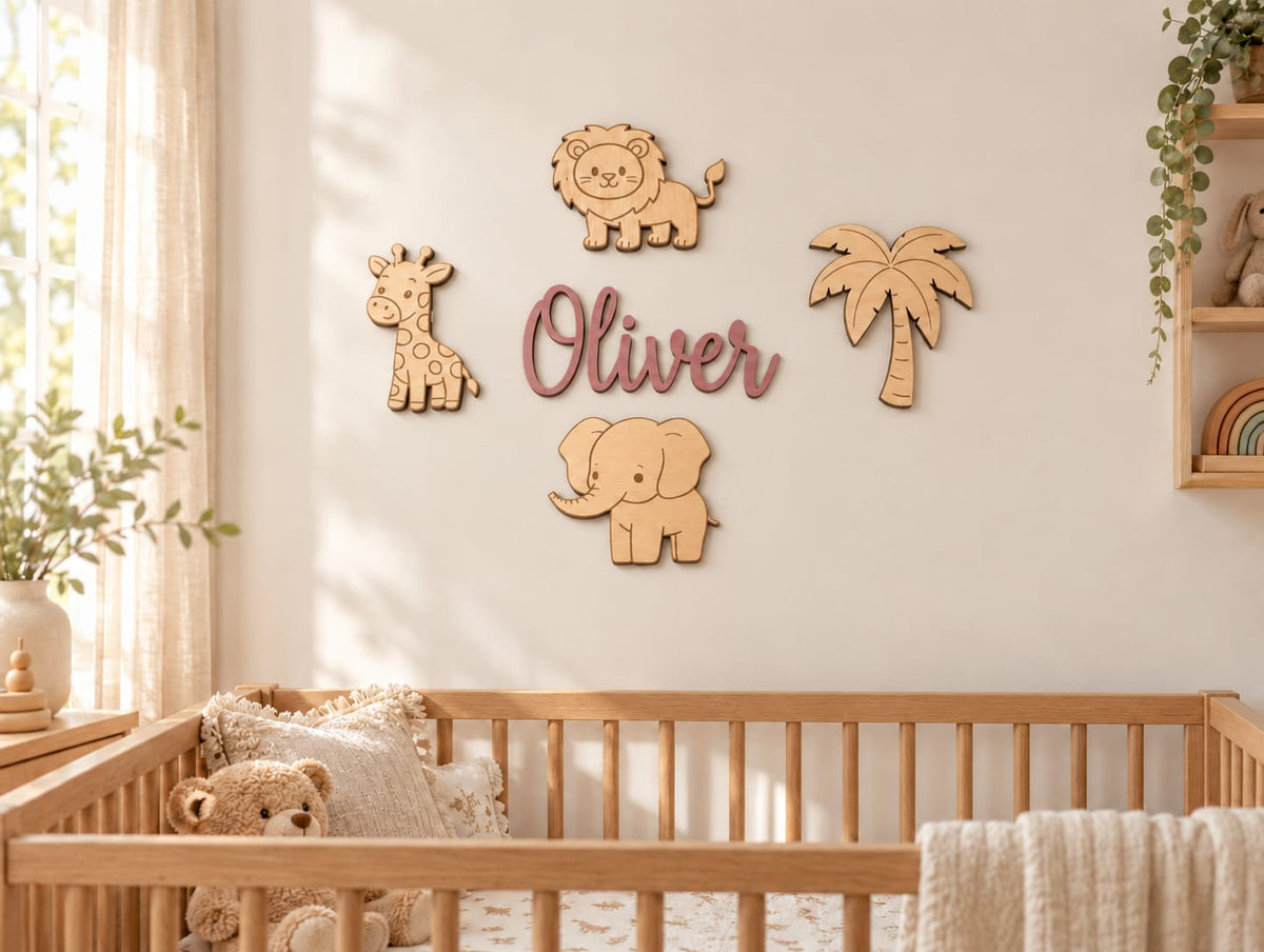 Safari Wooden Nursery Name Sign with Wooden Animals Decor | Jungle wooden nursery sign