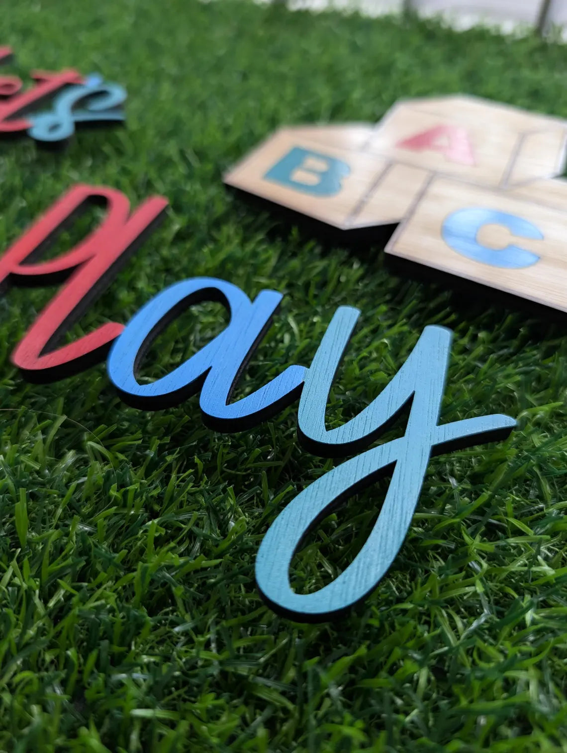 Let's Play Wooden Wall Art Set | Colourful Kids Playroom Decor